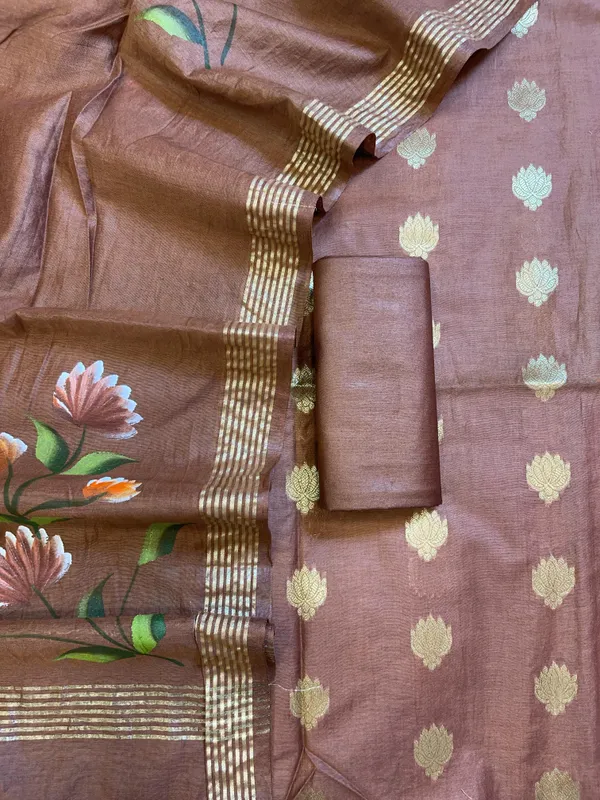 Brown_Pure_Mercerize_Silk_Zari_Booti_3_pcs_Suit_set_with_Handpainted_Dupatta_1000SKL_PM7