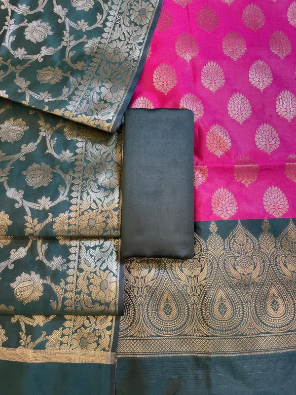 Pink_Art_Silk_Floral_Zari_Boota_Contrast_Banarasi_Suit_with_Darkgreen_Dupatta_625AJ_TPT10