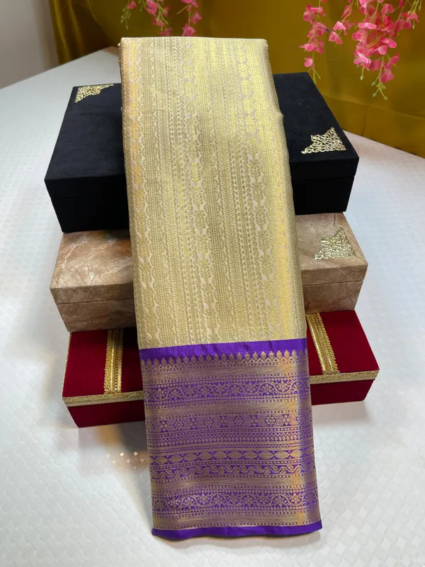 Tussar_Semi_Kanchi_Silk_Stripe_Zari_Contrast_Blue_Border_Banarasi_Saree_MS_SK50