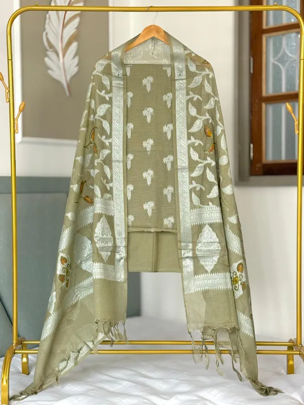 Olive_Green_Pure_Mercerised_Kota_Check_Banarasi_Suit_with_Resham_Weave_Hand-Brush_Dupatta_1250SKL_PMK1