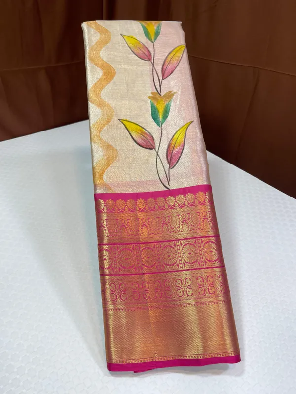 Off_white_Tissue_Silk_Floral_Handpainted_Boota_Contrast_Pink_Border_Banarasi_Saree_MS_TS13