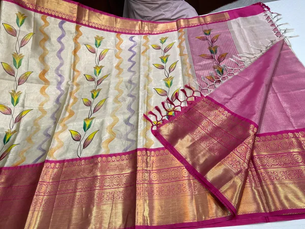 Off_white_Tissue_Silk_Floral_Handpainted_Boota_Contrast_Pink_Border_Banarasi_Saree_MS_TS13