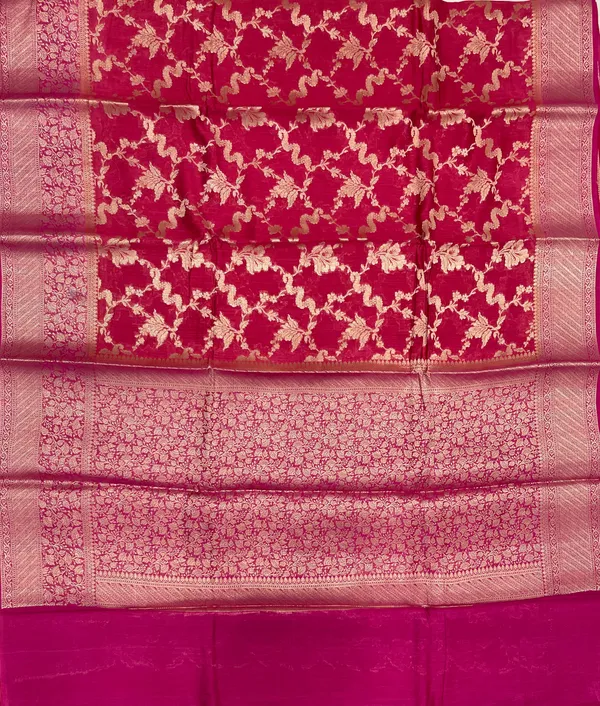 Humairah_Pure_Handloom_Pink_Munga_Silk_Floral_Gold_Zari_Jaal_with_Contrast_Magenta_Floral_Jaal_Skirt_Dual_Shade_Zari_Border_with_Magenta_Blouse