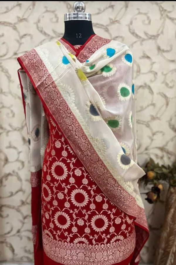 Pure_Handloom_Red_Khaddi_Georgette_Floral_Zari_Jaal_with_Contrast_White_Handbrush_Booti_Dupatta_Banarasi_Suit_Set_6500SKL_KG20