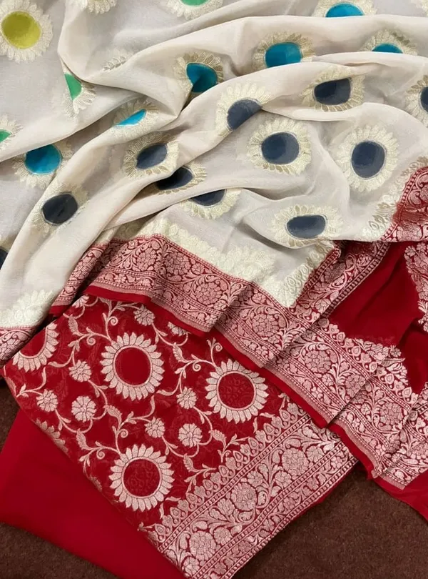 Pure_Handloom_Red_Khaddi_Georgette_Floral_Zari_Jaal_with_Contrast_White_Handbrush_Booti_Dupatta_Banarasi_Suit_Set_6500SKL_KG20