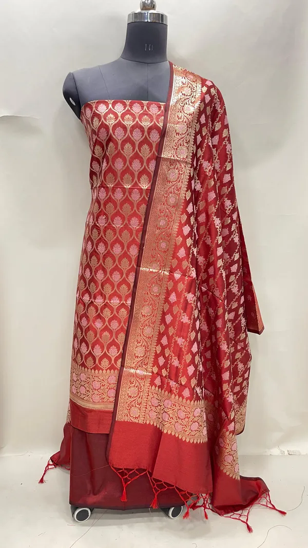 Humairah_Presents_Red_Semi_Katan_Silk_3_pcs_Suit_Set_with_Plain_Bottom_and_Top_Floral_Minakari_Zari_Booti_with_Stripe_Mina_Red_Dupatta_ASD_110