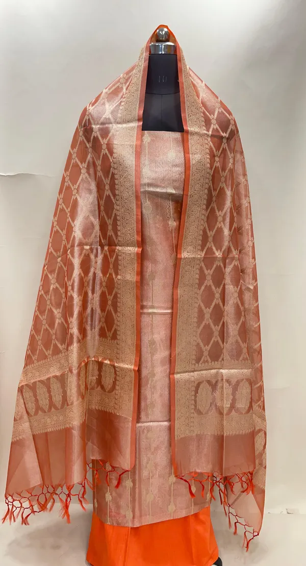 Humairah_Orange_Tissue_Silk_Floral_Zari_Stripe_Booti_3_pcs_Suit_Set_with_Plain_Bottom_and_Floral_Zari_Checkered_Jaal_Orange_Dupatta