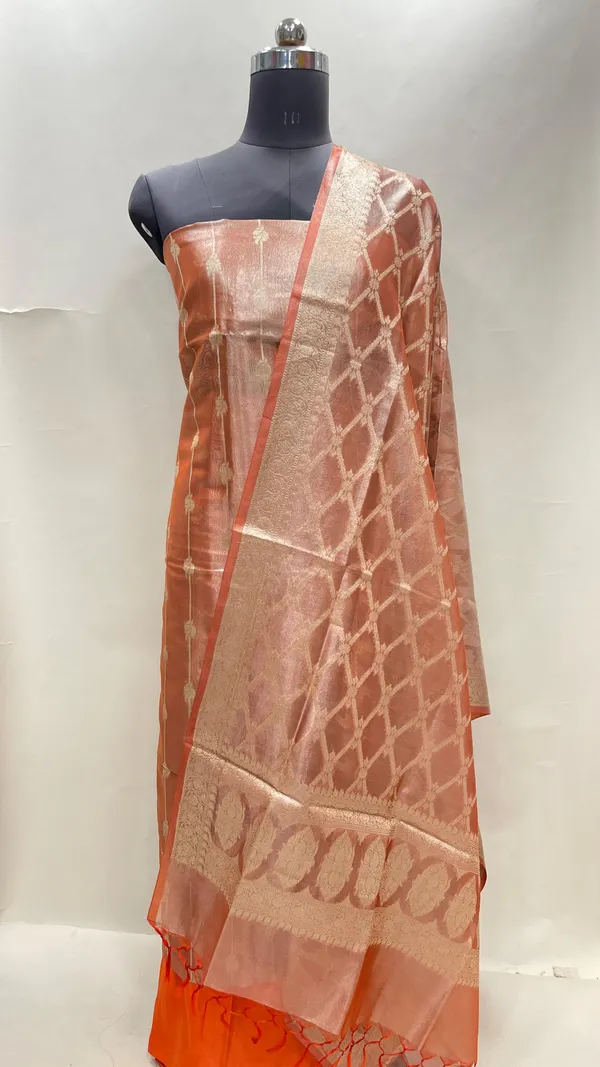 Humairah_Orange_Tissue_Silk_Floral_Zari_Stripe_Booti_3_pcs_Suit_Set_with_Plain_Bottom_and_Floral_Zari_Checkered_Jaal_Orange_Dupatta