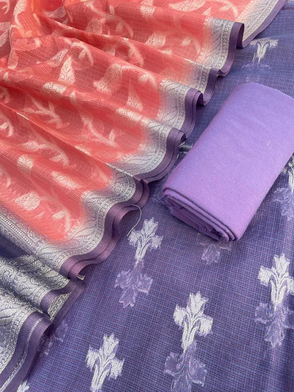 Navy_Blue_Pure_Mercerised_Kota_Check_Resham_weave_Banarasi_Suit_with_Contrast_Peach_Resham_Jaal_Dupatta_12SKL_KC17