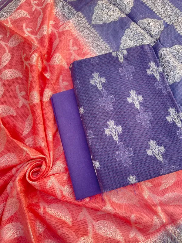 Navy_Blue_Pure_Mercerised_Kota_Check_Resham_weave_Banarasi_Suit_with_Contrast_Peach_Resham_Jaal_Dupatta_12SKL_KC17