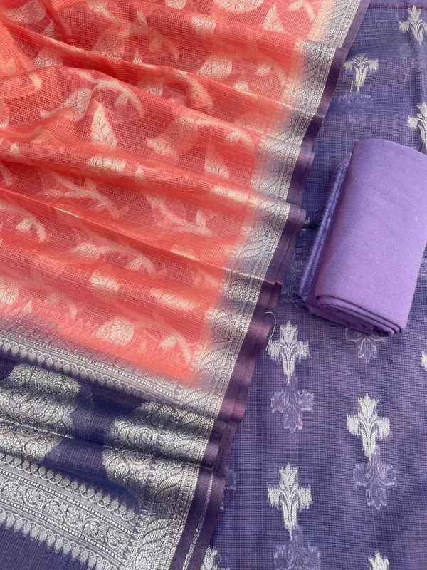 Navy_Blue_Pure_Mercerised_Kota_Check_Resham_weave_Banarasi_Suit_with_Contrast_Peach_Resham_Jaal_Dupatta_12SKL_KC17