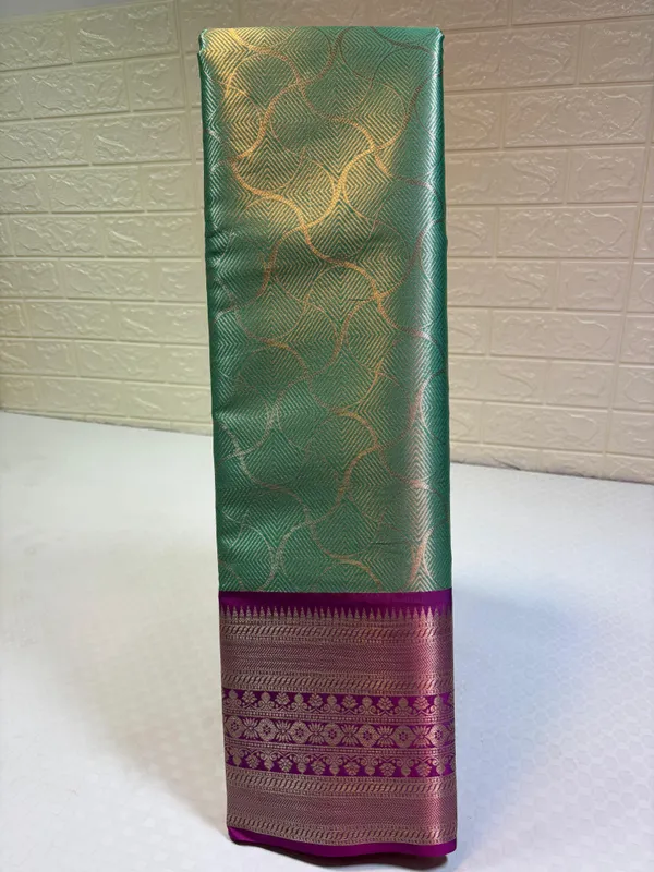Seagreen_Semi_Kanchi_Silk_Silver_Floral_Jaal_Contrast_Pink_Border_Banarasi_Saree_MS_SK33