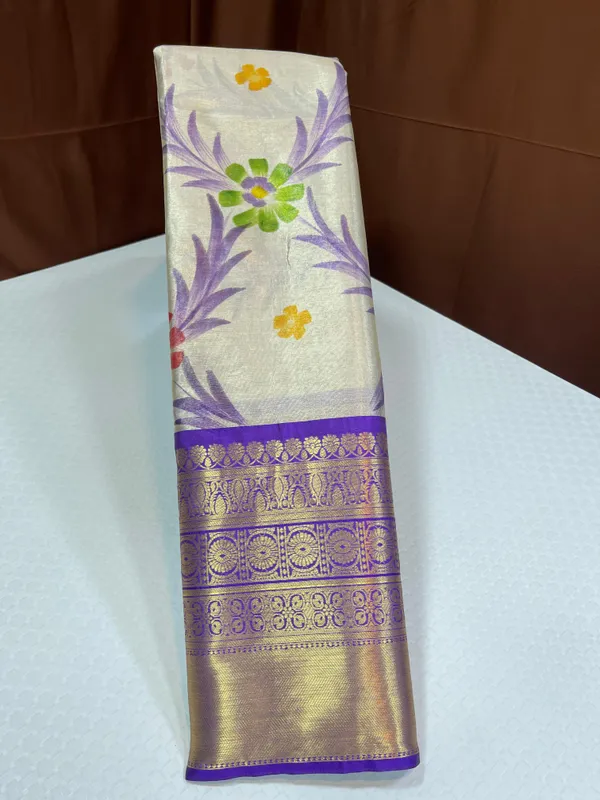 Off_white_Tissue_Silk_Floral_Handpainted_Jaal_Contrast_Indigo_Blue_Border_Banarasi_Saree_MS_TS26