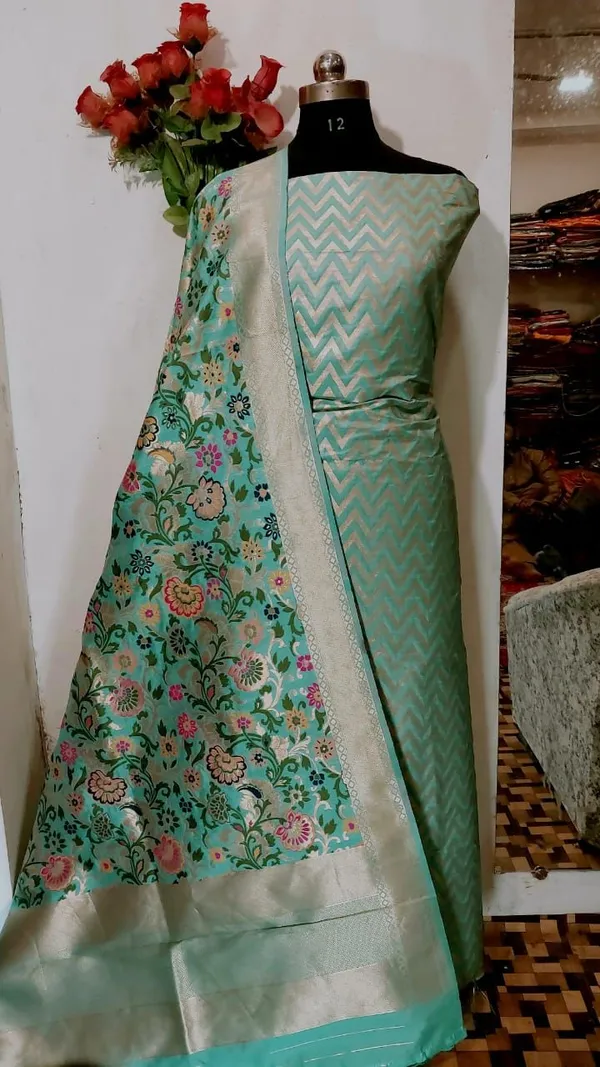Green_Katan_Silk_Zig-Zag_With_Multicolor_Mina_Jaal_Dupatta_Banarasi_Suit_Set_Skl_Kz1