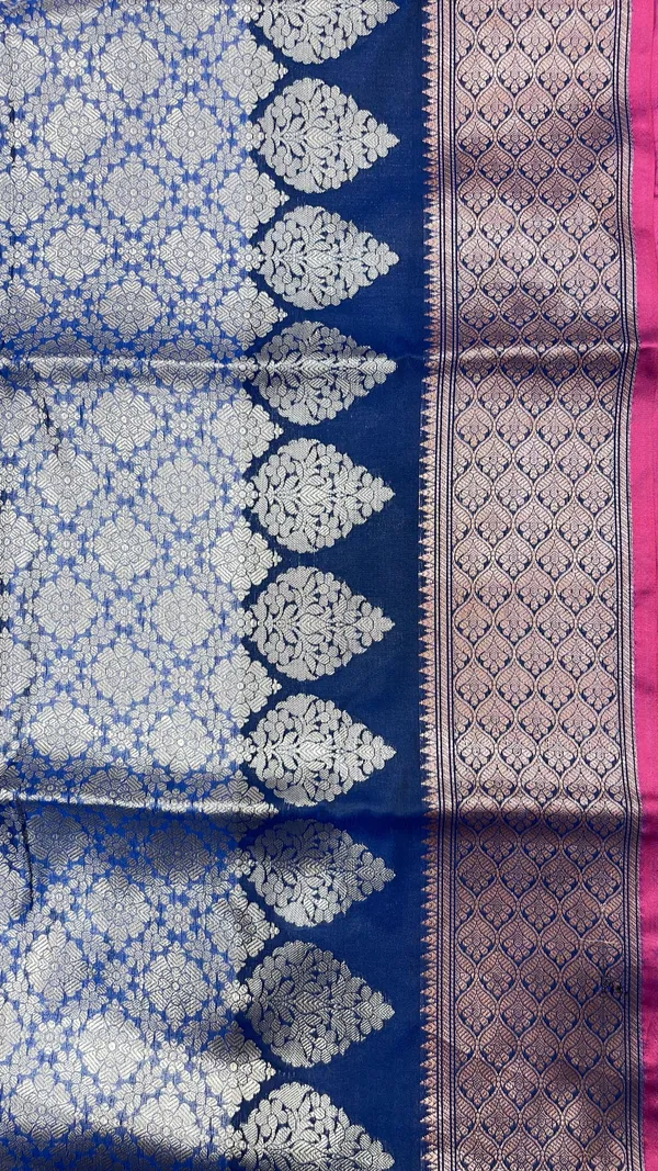 Humairah_Presents_Blue_Art_Silk_Floral_Zari_Copper_Boota_Sliver_Jaal_and_Dual_Skirt_Silver_Zari_Boota_Copper_Zari_Border_with_Contrast_Maroon_Pallu_and_Maroon_Blouse
