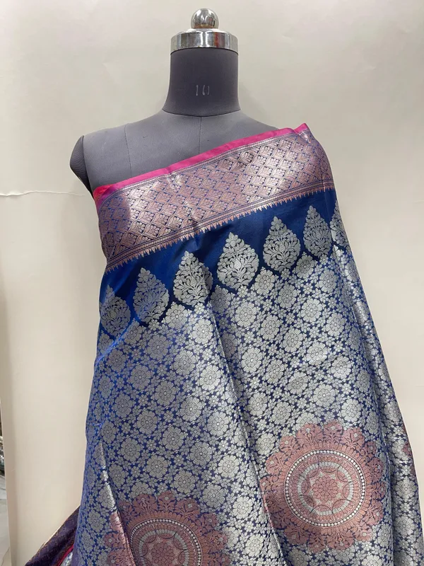 Humairah_Presents_Blue_Art_Silk_Floral_Zari_Copper_Boota_Sliver_Jaal_and_Dual_Skirt_Silver_Zari_Boota_Copper_Zari_Border_with_Contrast_Maroon_Pallu_and_Maroon_Blouse