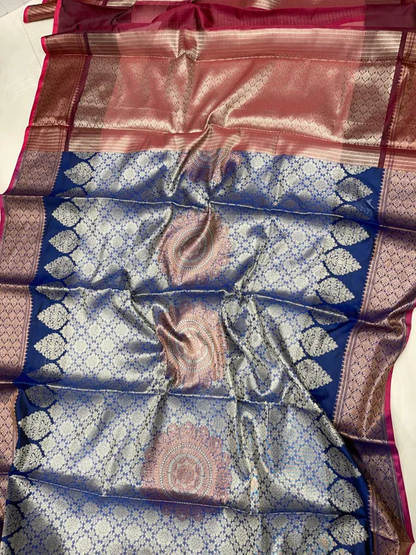 Humairah_Presents_Blue_Art_Silk_Floral_Zari_Copper_Boota_Sliver_Jaal_and_Dual_Skirt_Silver_Zari_Boota_Copper_Zari_Border_with_Contrast_Maroon_Pallu_and_Maroon_Blouse