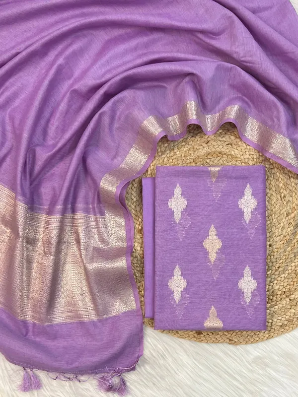 Purple_Linen_Dupion_Booti_With_Contrast_Dye_Dupatta_Banarasi_3_Pcs_Suit_Set_Skl_Ln18