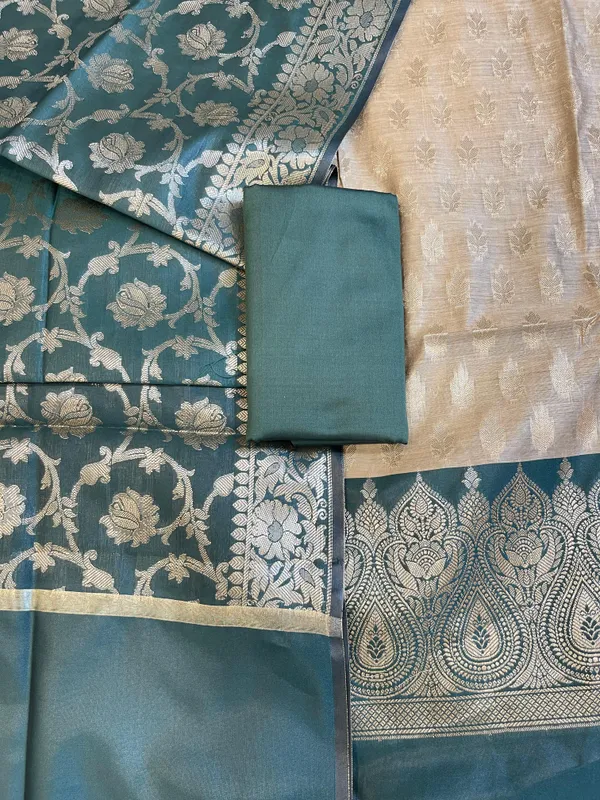 Beige_Art_Silk_Floral_Zari_Booti_Contrast_Banarasi_Suit_with_Darkgreen_Dupatta_625AJ_TPT56