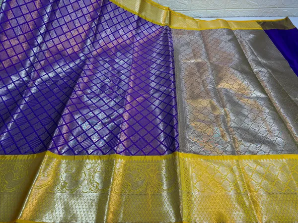 Blue_Semi_Kanchi_Silk_Barfi_Cut_Contrast_Yellow_Zari_Border_Banarasi_Saree_MS_SK36