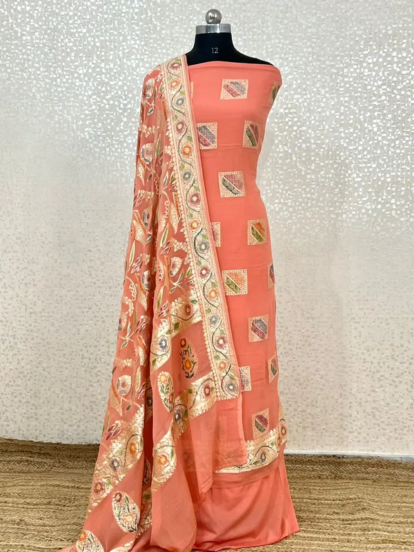 Pure_Handloom_Peach_Khaddi_Georgette_Floral_Water_Zari_Handbrush_Boota_with_Handbrush_Dupatta_Banarasi_Suit_Set_7000SKL_KG7