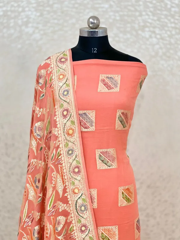 Pure_Handloom_Peach_Khaddi_Georgette_Floral_Water_Zari_Handbrush_Boota_with_Handbrush_Dupatta_Banarasi_Suit_Set_7000SKL_KG7