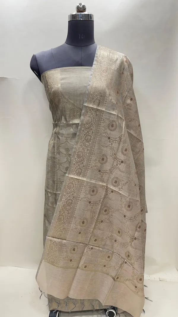 Humairah_Tussar_Cotton_Necklace_Floral_Stripe_Zari_Jaal_3_pcs_Suit_set_with_Plain_Bottom_and_Alfi_Zari_Mina_Jaal_Tussar__Dupatta