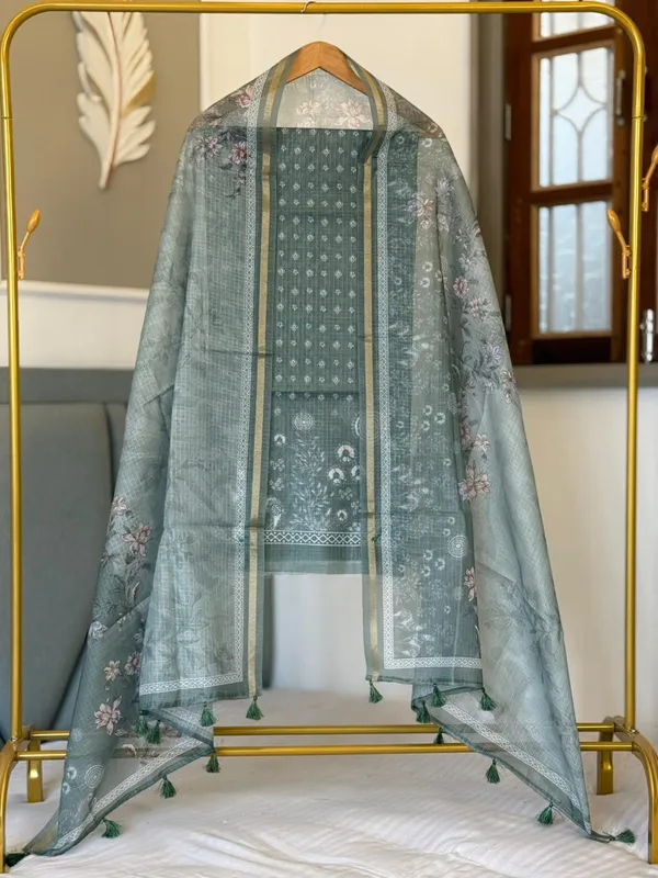 Dark_Green_Kota_check_Digital_Print_Floral_Daman_Banarasi_Suit_with_Floral_Printed_Dupatta_130PNJ_KCP1