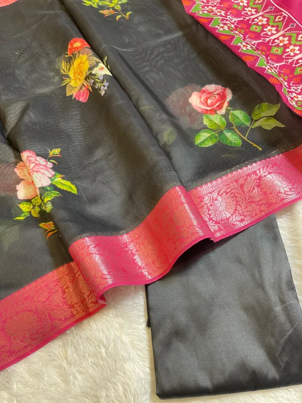 Black_Plain_Mercerised_Silk_Banarasi_Suit_Set_with_Contrast_Pink_Digital_Print_Dupatta_650SKL_MS5