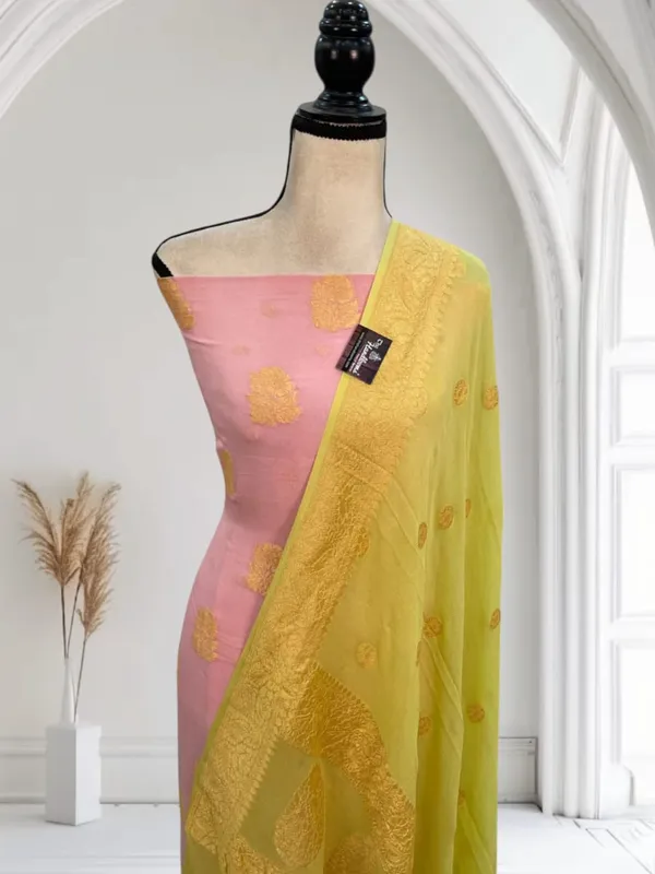 Pure_Handloom_Pink_Khaddi_Georgette_Nimzari_Contrast_Yellow_Dupatta_Banarasi_Suit_Set_6200SKL_KG3