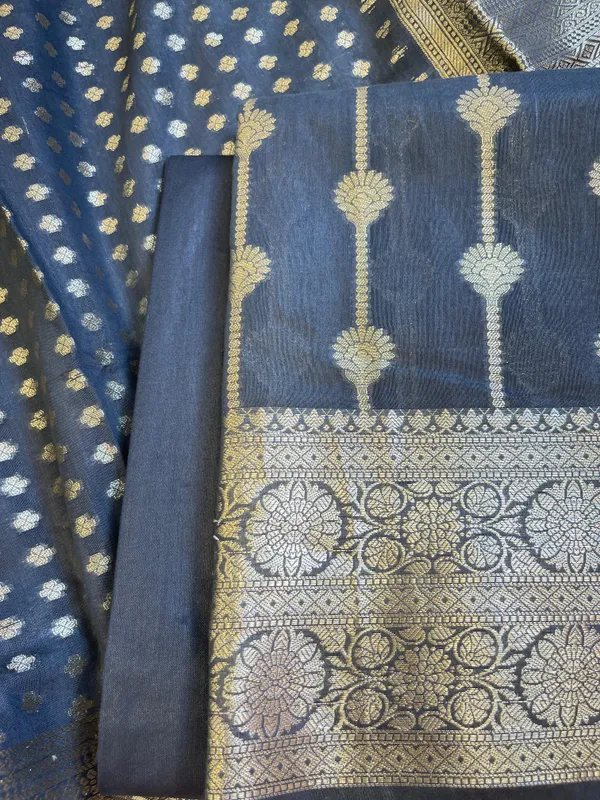 Black_Mercerise_Cotton_Floral_Stripe_Zari_with_Chunri_Booti_Dupatta_Banarasi_Suit_Set