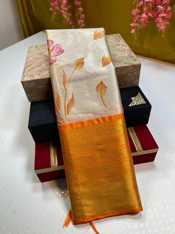 Moosee_Tissue_Silk_Floral_Handpainted_Jaal_Boota_Contrast_Orange_Border_Banarasi_Saree_MS_MTS5