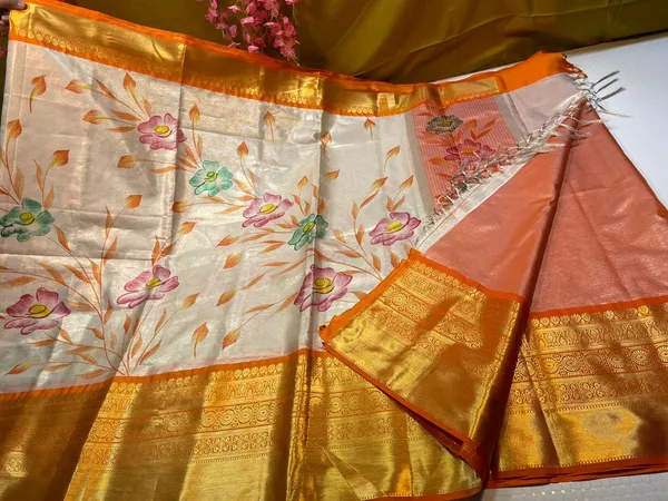 Moosee_Tissue_Silk_Floral_Handpainted_Jaal_Boota_Contrast_Orange_Border_Banarasi_Saree_MS_MTS5