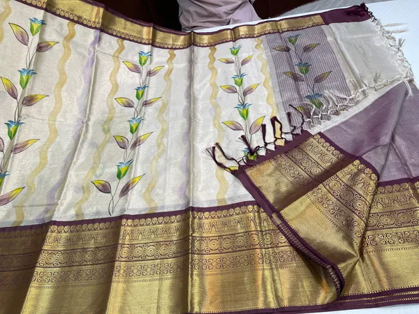 Off_white_Tissue_Silk_Floral_Handpainted_Boota_Contrast_Brown_Border_Banarasi_Saree_MS_TS20