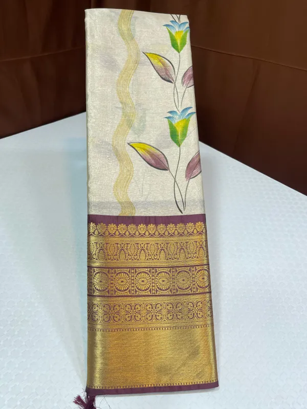 Off_white_Tissue_Silk_Floral_Handpainted_Boota_Contrast_Brown_Border_Banarasi_Saree_MS_TS20