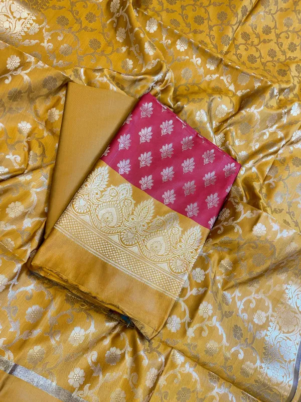 Red_Art_Silk_Floral_Zari_Chunri_Booti_Contrast_Banarasi_Suit_with_Mustard_Dupatta_625AJ_TPT33