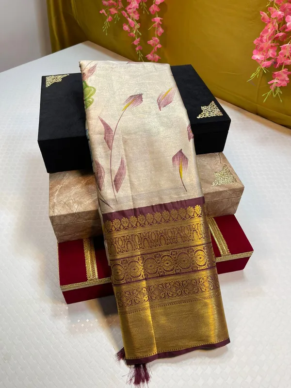 Moosee_Tissue_Silk_Floral_Handpainted_Jaal_Boota_Contrast_Brown_Border_Banarasi_Saree_MS_MTS2