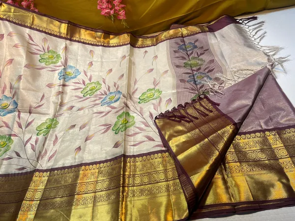 Moosee_Tissue_Silk_Floral_Handpainted_Jaal_Boota_Contrast_Brown_Border_Banarasi_Saree_MS_MTS2