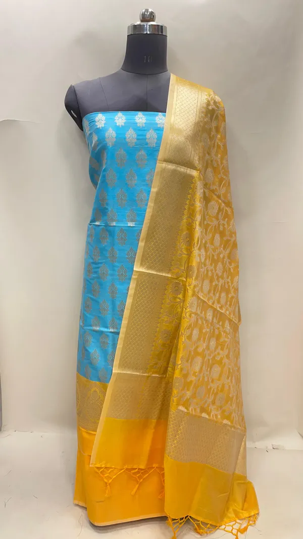 Humairah_Presents_Blue_Semi_Katan_Silk_Floral_Zari_Booti_3_pcs_Suit_Set_with_Contrast_Gold_Plain_Bottom_and_Tilfi_Jaal_Gold_Dupatta_ASD_122