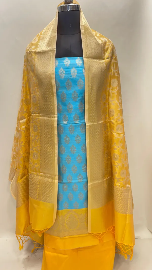 Humairah_Presents_Blue_Semi_Katan_Silk_Floral_Zari_Booti_3_pcs_Suit_Set_with_Contrast_Gold_Plain_Bottom_and_Tilfi_Jaal_Gold_Dupatta_ASD_122