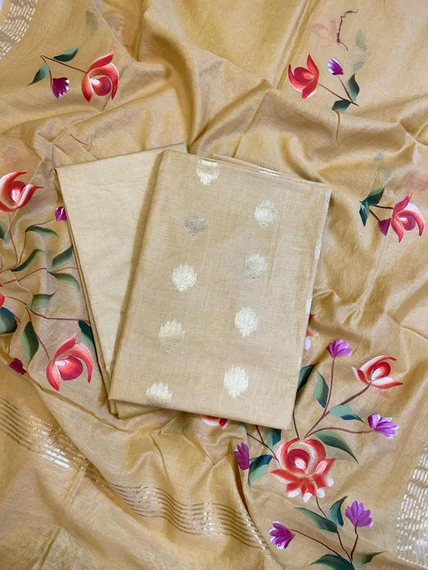 Beige_Pure_Mercerize_Silk_Zari_Booti_3_pcs_Suit_set_with_Handpainted_Dupatta_1000SKL_PM5