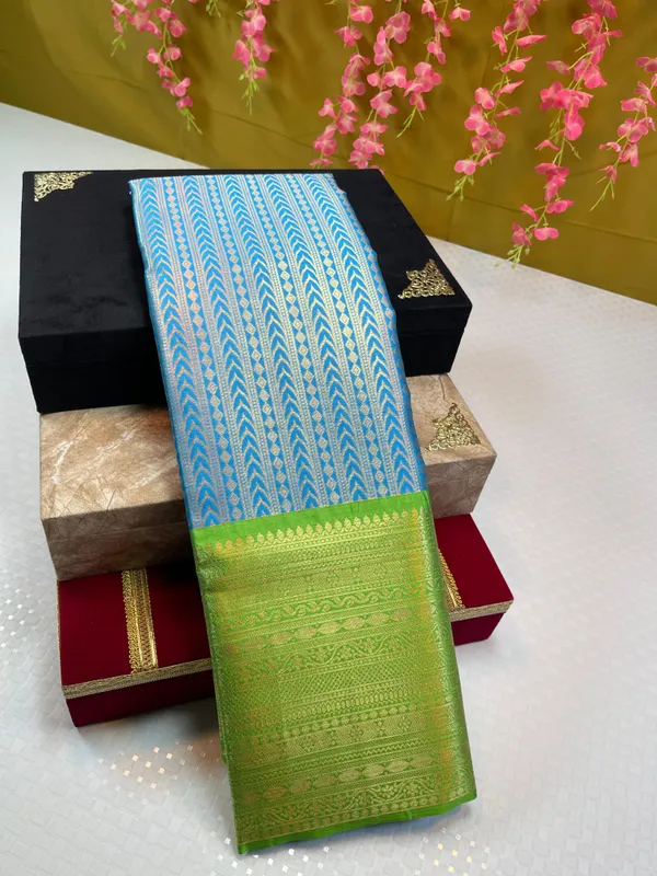 Sky_Blue_Semi_Kanchi_Silk_Stripe_Zari_Contrast_Green_Zari_Border_Banarasi_Saree_MS_SK38