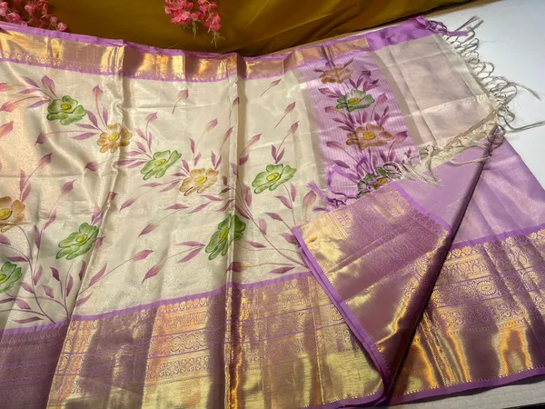 Moosee_Tissue_Silk_Floral_Handpainted_Jaal_Boota_Contrast_Light_Purple_Border_Banarasi_Saree_MS_MTS4