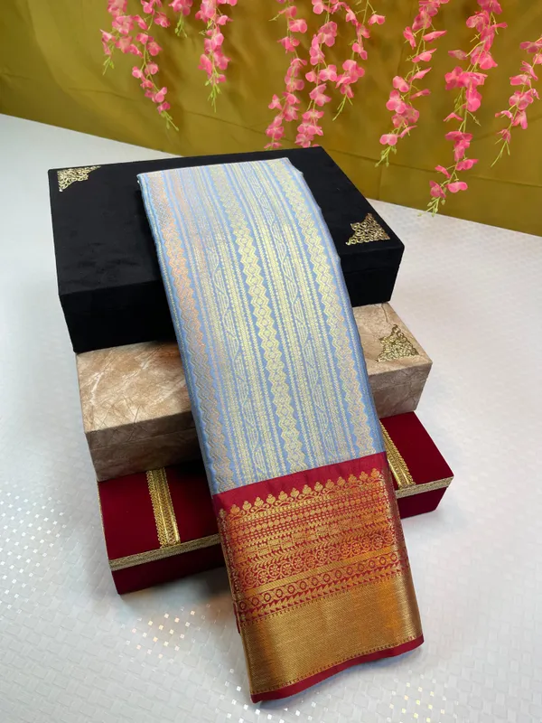 Light_Blue_Semi_Kanchi_Silk_Stripe_Zari_Contrast_Red_Zari_Border_Banarasi_Saree_MS_SK41