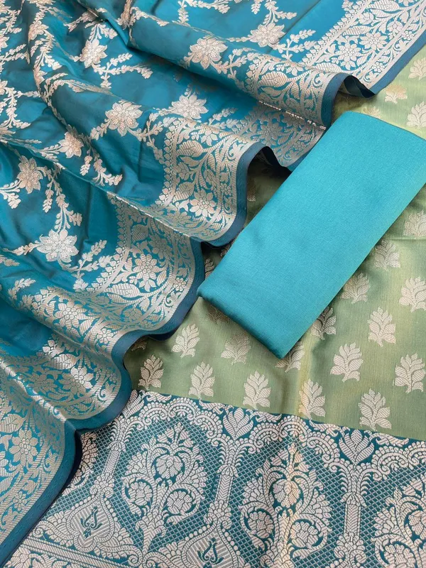 Green_Semi_Silk_Floral_Zari_Banarasi_Suit_with_Contrast_Border_&_Floral_Jaal_Dupatta_78ASD_KS1