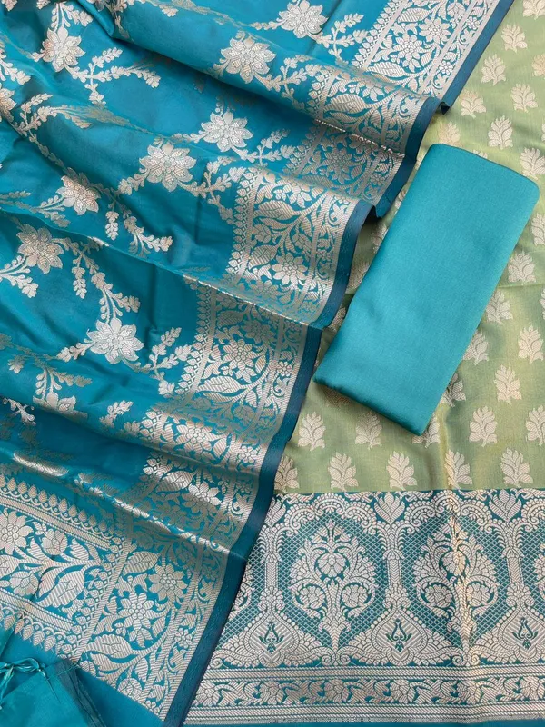 Green_Semi_Silk_Floral_Zari_Banarasi_Suit_with_Contrast_Border_&_Floral_Jaal_Dupatta_78ASD_KS1
