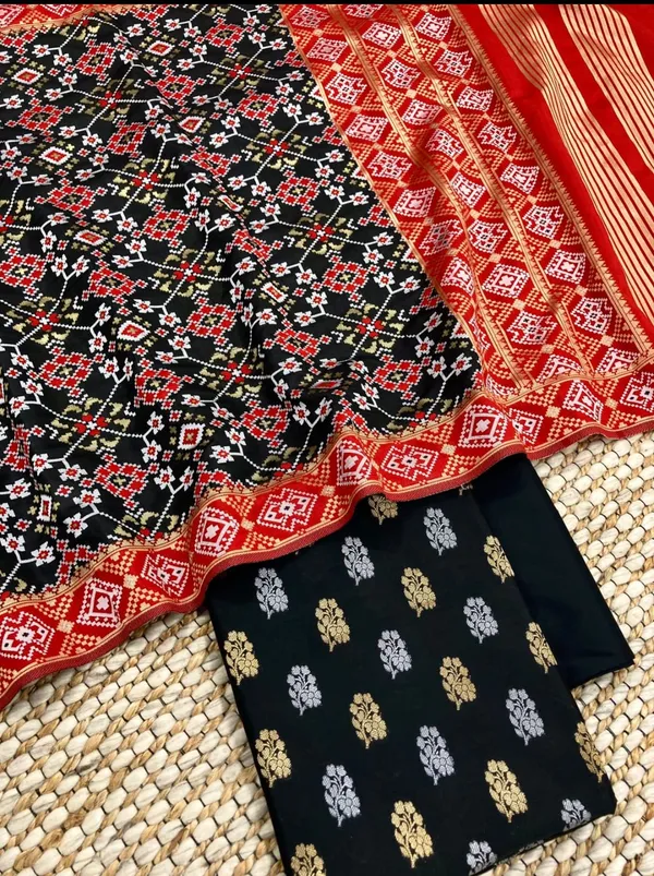 Black_Katan_Silk_Silver_Gold_Zari_With_Patola_Weave_Dupatta_Suit_Set_700SKL_KS48