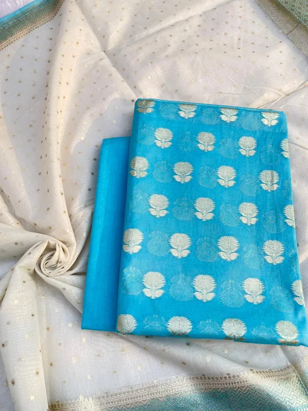 Blue_Mercerised_Lorex_Weave_Booti_With_Off-White_Dupatta_Banarasi_3_Pcs_Suit_Set_Skl_Pml1