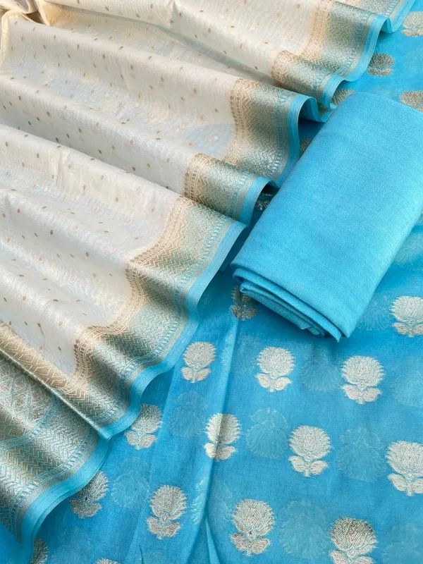 Blue_Mercerised_Lorex_Weave_Booti_With_Off-White_Dupatta_Banarasi_3_Pcs_Suit_Set_Skl_Pml1