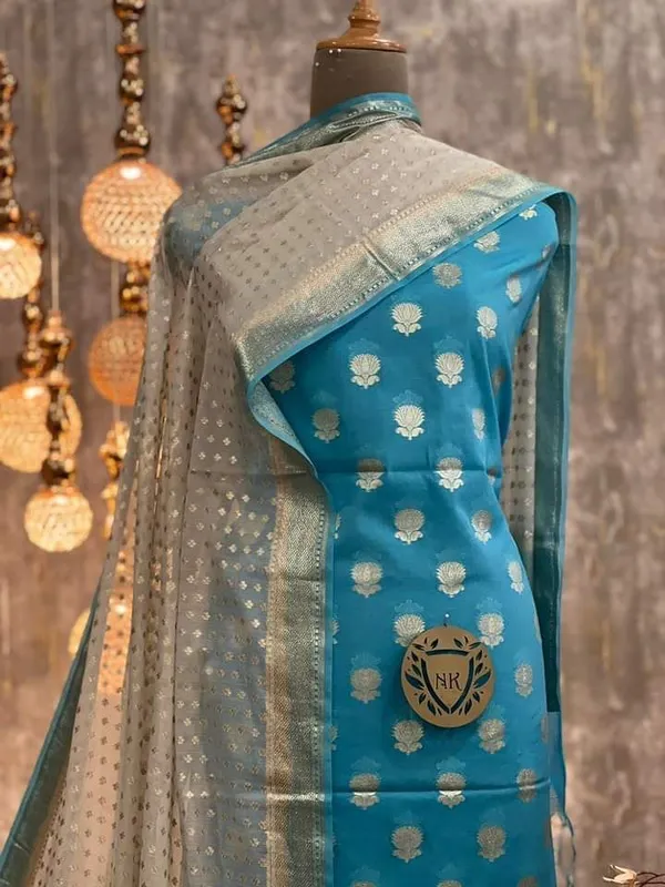 Blue_Mercerised_Lorex_Weave_Booti_With_Off-White_Dupatta_Banarasi_3_Pcs_Suit_Set_Skl_Pml1